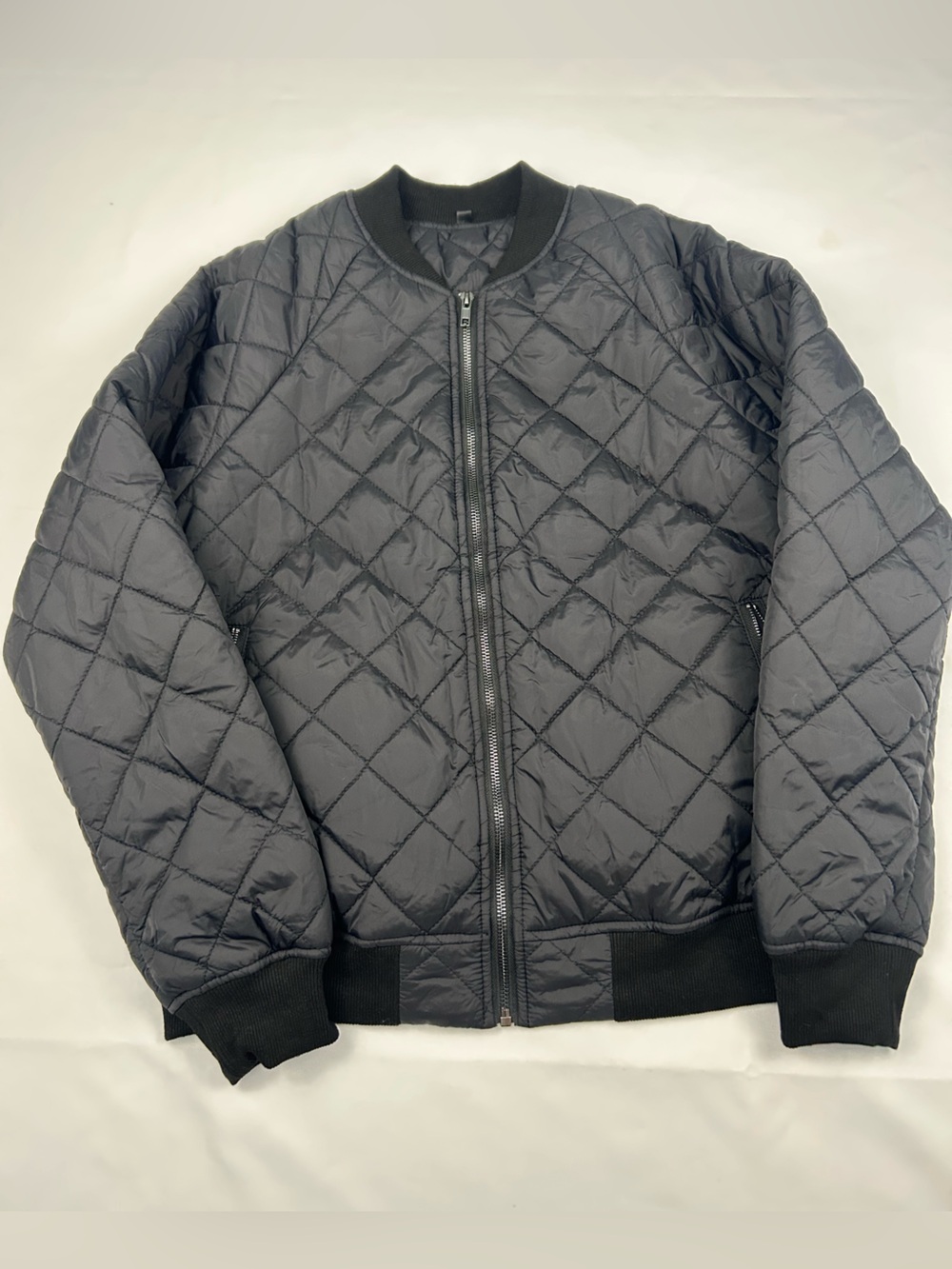 Quilted Black Bomber Jacket - Lightweight Zip Front
